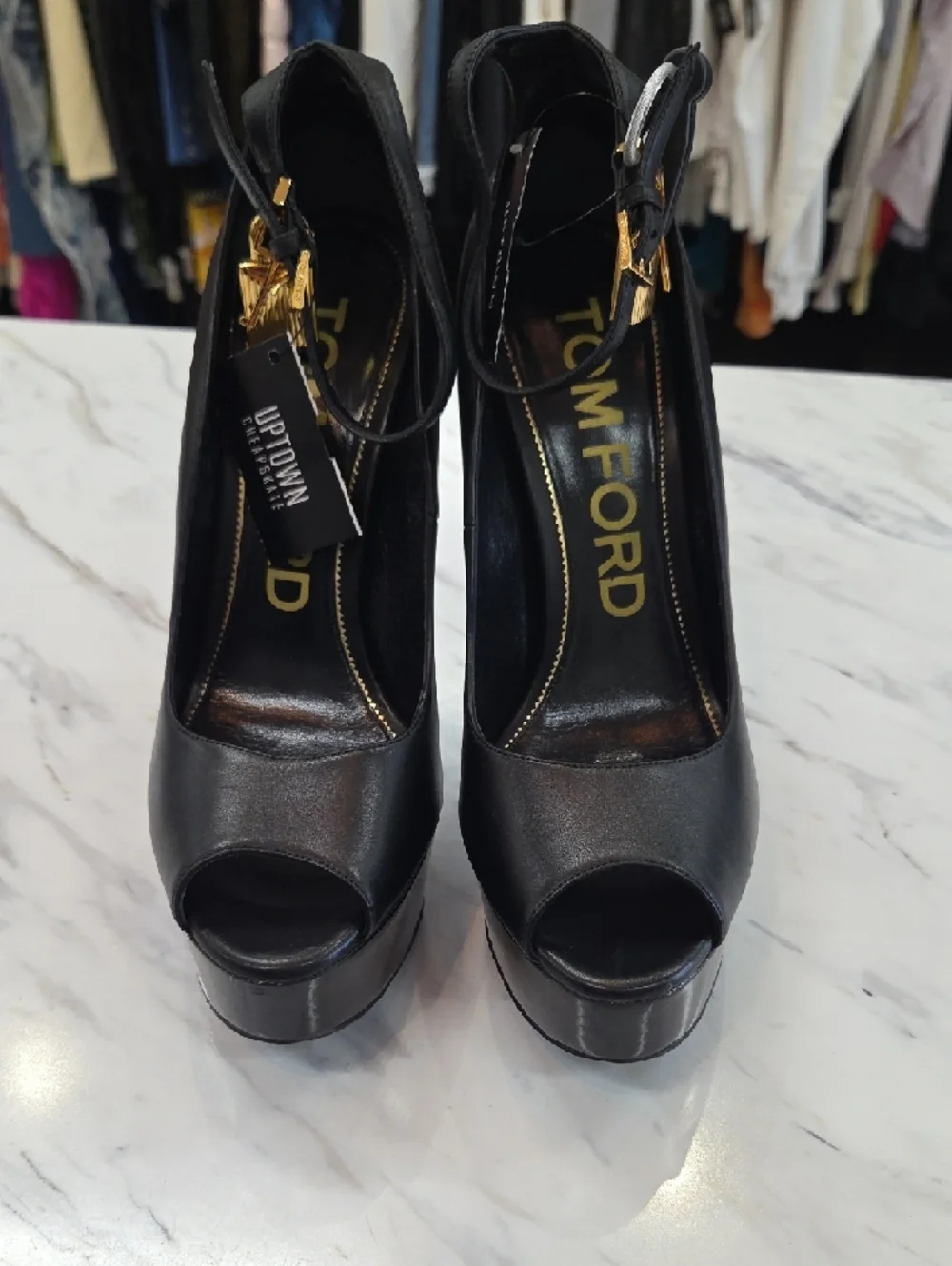 Tom Ford Black Leather Platform Peep-Toe Heels with Gold Buckle